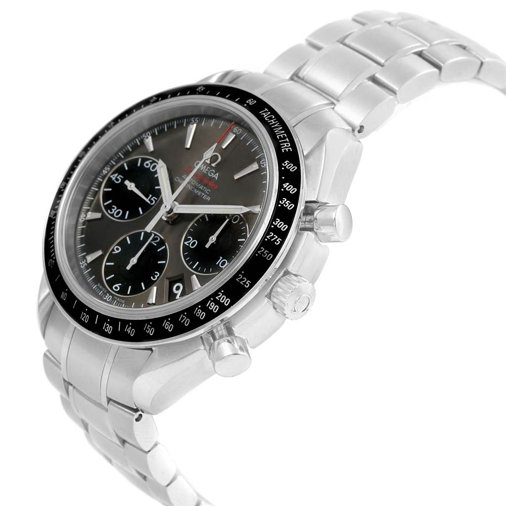 The image shows an Omega Speedmaster 323.30.40.40.06.001 Men's Stainless Steel Grey Dial 323.30.40.40.06.001 Men's Stainless Steel Grey Dial watch from a slightly angled side view, highlighting the bezel, dial, sub-dials, and bracelet.