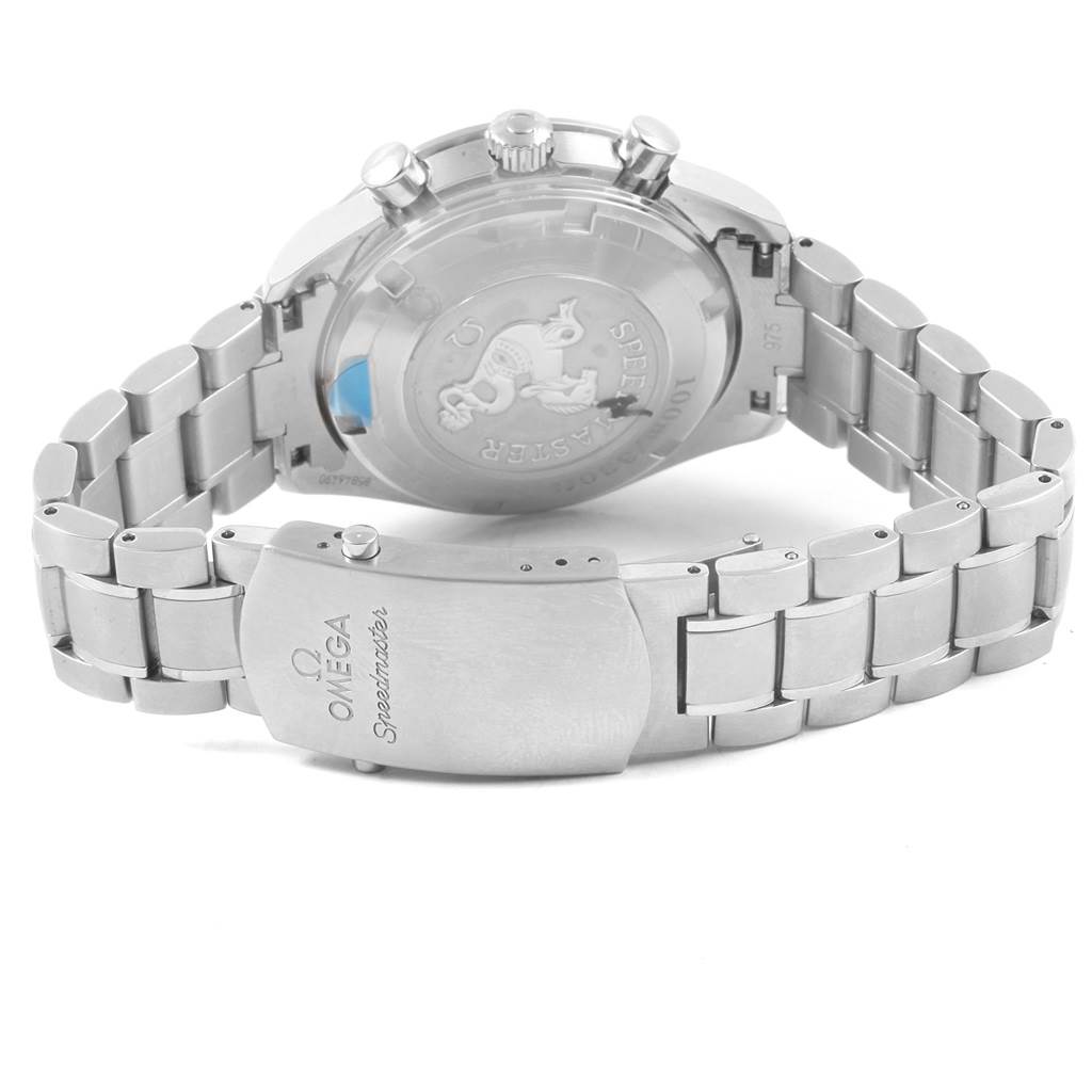 The image shows the back and bracelet of an Omega Speedmaster 323.30.40.40.06.001 Men's Stainless Steel Grey Dial 323.30.40.40.06.001 Men's Stainless Steel Grey Dial watch, featuring the case back and clasp.
