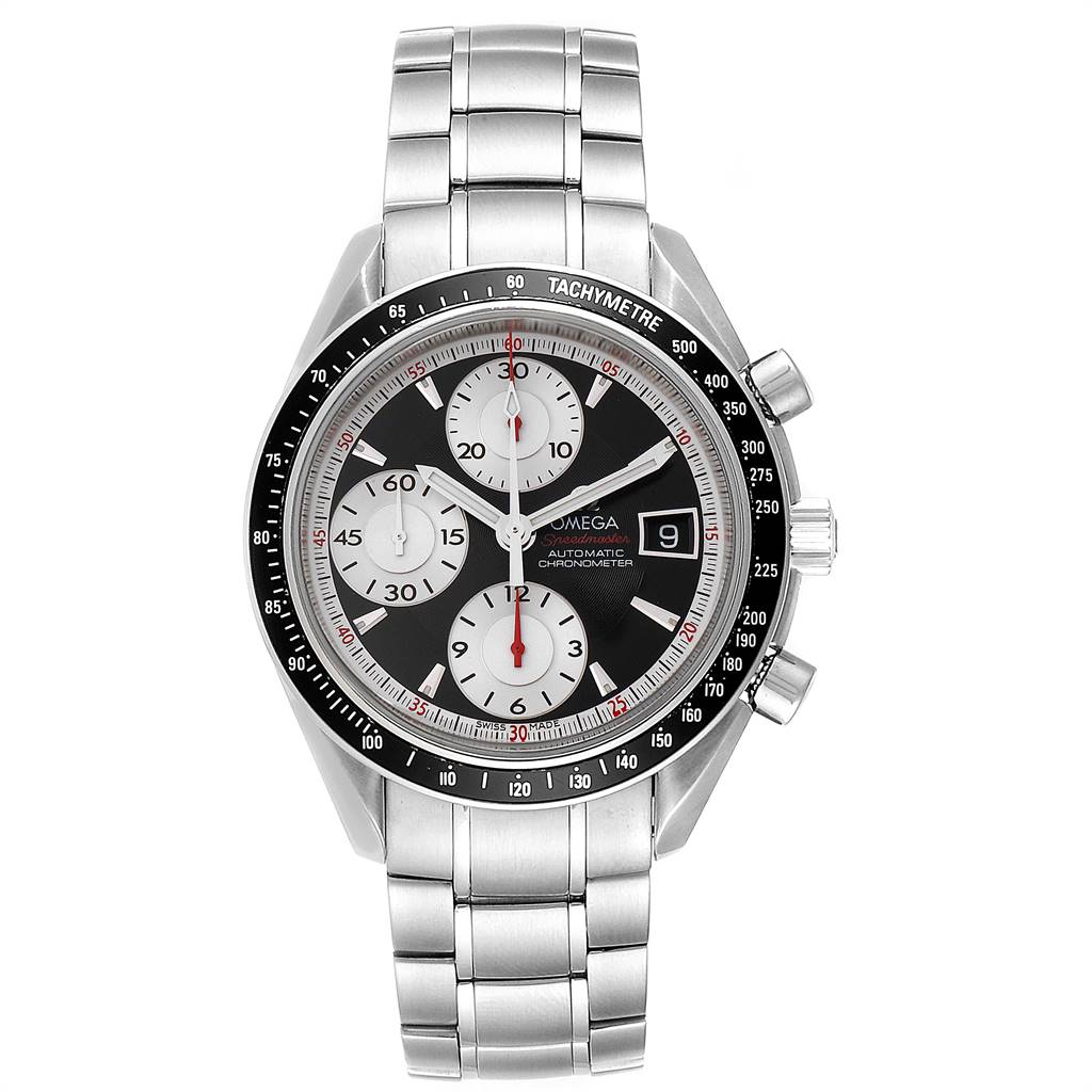 The image shows a front view of an Omega Speedmaster 3210.51.00 Men's Stainless Steel Black Dial 3210.51.00 Men's Stainless Steel Black Dial watch, highlighting its stainless steel bracelet, tachymeter bezel, and chronograph subdials.