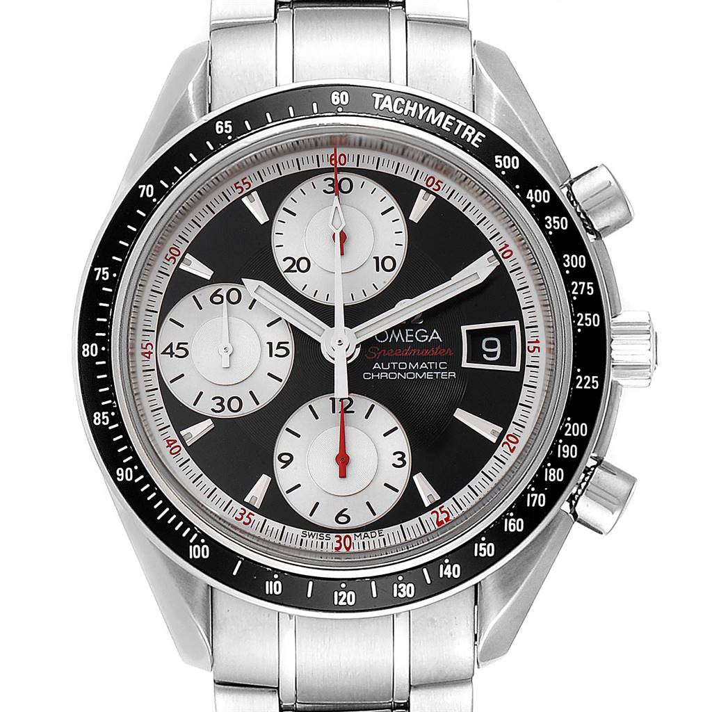 The image shows a frontal view of an Omega Speedmaster 3210.51.00 Men's Stainless Steel Black Dial 3210.51.00 Men's Stainless Steel Black Dial watch, highlighting the face, chronograph sub-dials, and tachymeter bezel.