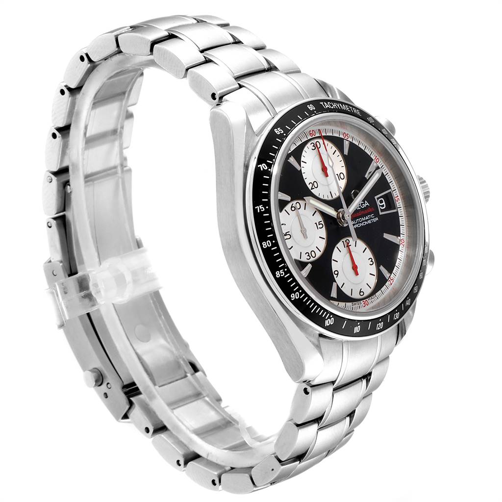 The Omega Speedmaster 3210.51.00 Men's Stainless Steel Black Dial 3210.51.00 Men's Stainless Steel Black Dial watch is shown at a three-quarters angle highlighting the bracelet, bezel, and watch face with subdials.