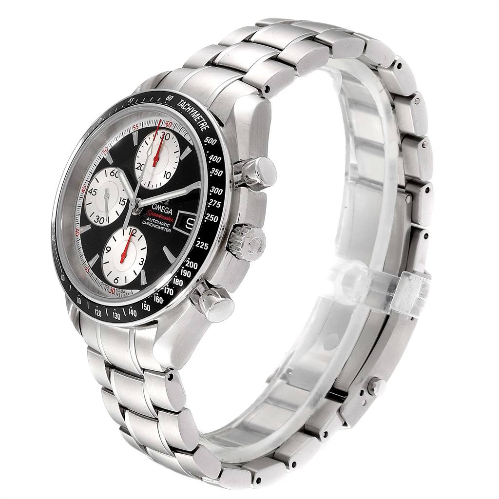 The Omega Speedmaster 3210.51.00 Men's Stainless Steel Black Dial 3210.51.00 Men's Stainless Steel Black Dial watch is shown at a three-quarter angle, displaying its face, bezel, crown, pushers, and metal bracelet.