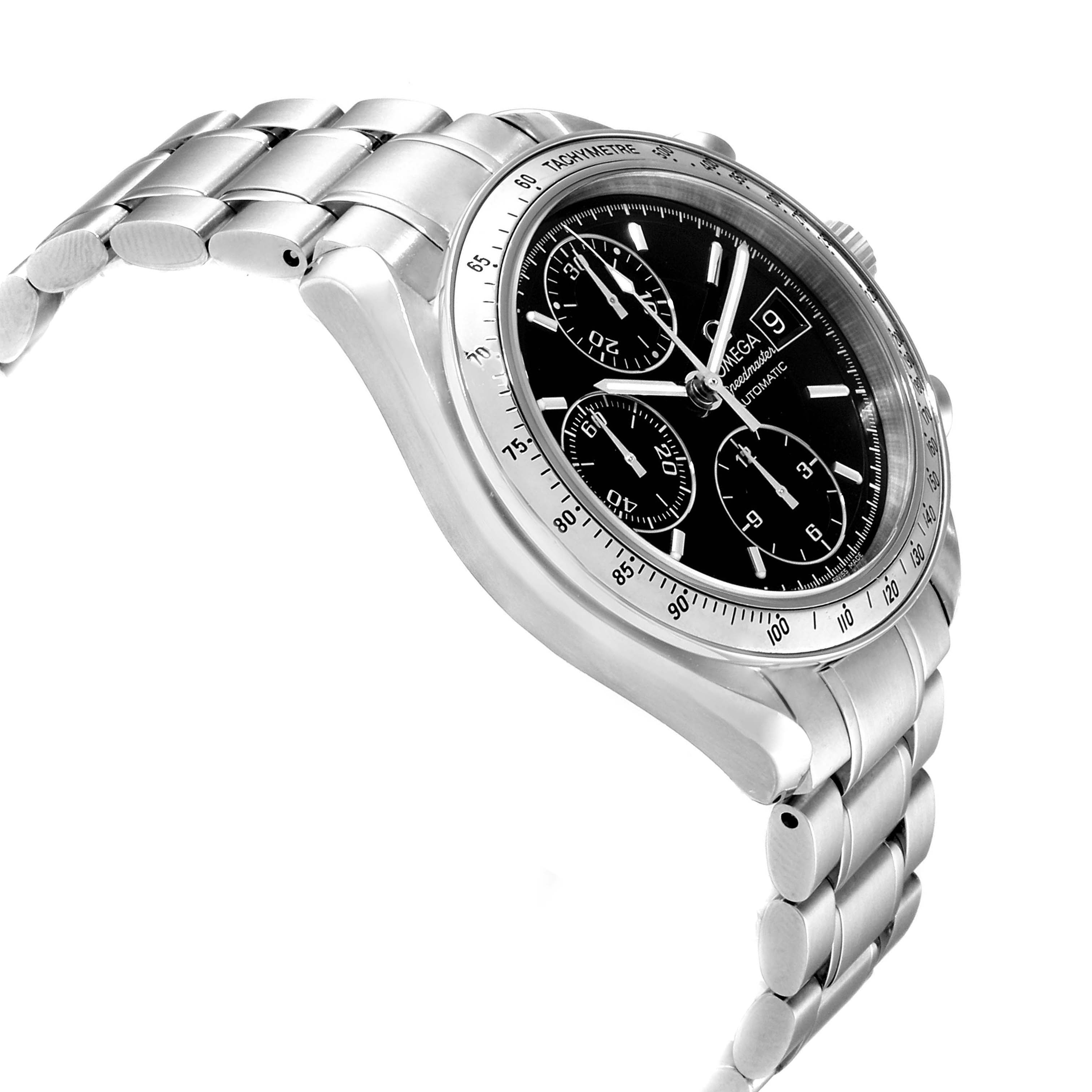 The Omega Speedmaster 3513.50.00 Men
s Stainless Steel Black Dial 3513.50.00 Men
s Stainless Steel Black Dial watch is shown in a three-quarter view, highlighting the black dial, stainless steel bracelet, and chronograph subdials.