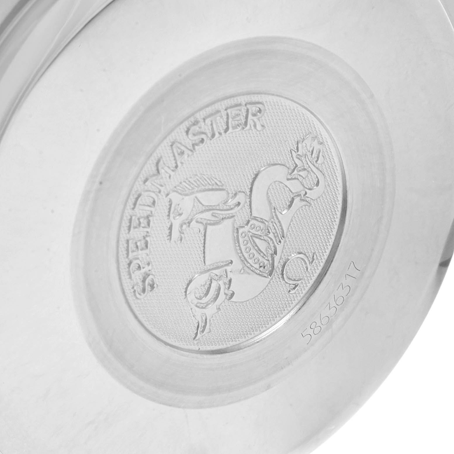 This image shows the back of an Omega Speedmaster 3513.50.00 Men
s Stainless Steel Black Dial 3513.50.00 Men
s Stainless Steel Black Dial watch, featuring its engraved design and serial number.