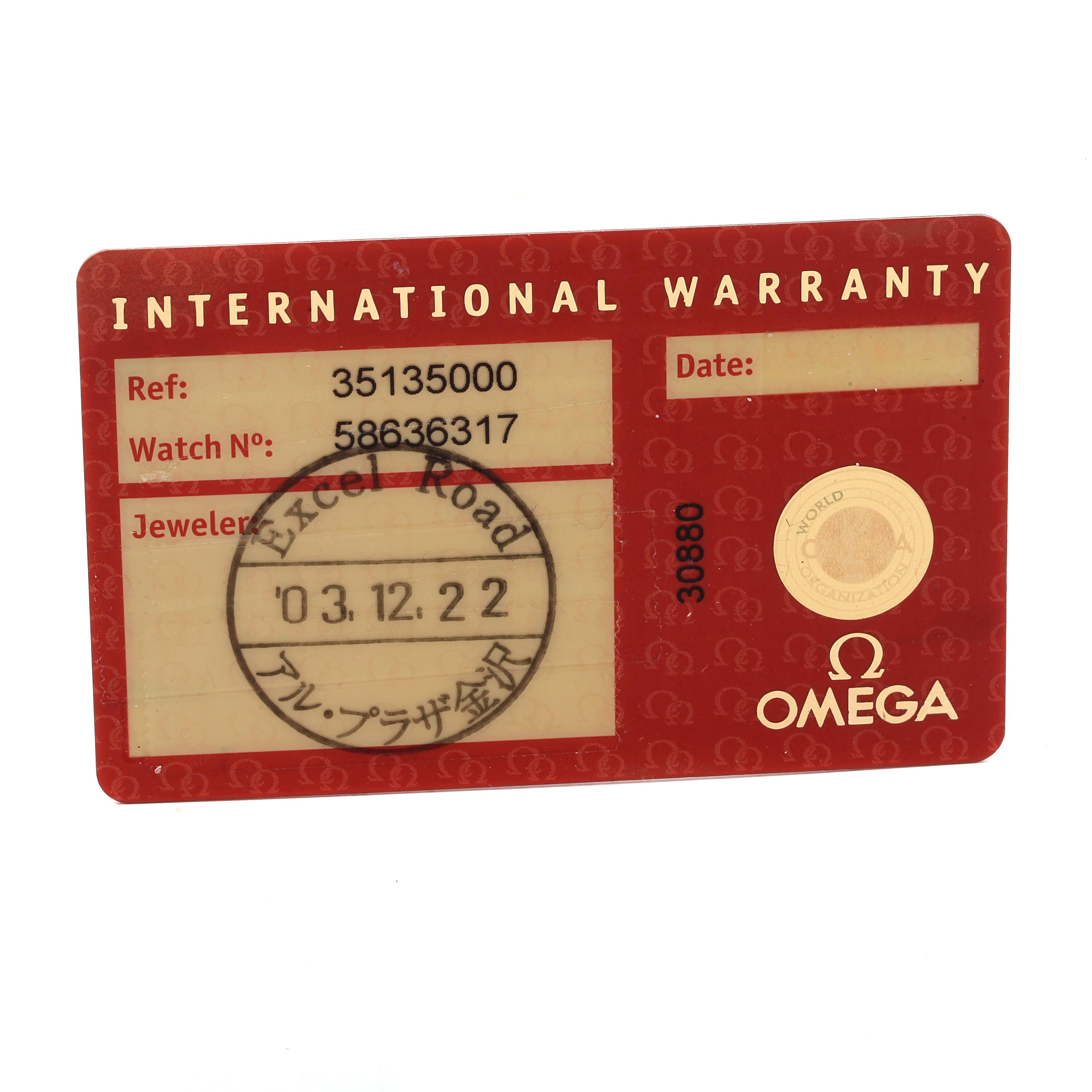The image shows an international warranty card for an Omega Speedmaster 3513.50.00 Men
s Stainless Steel Black Dial 3513.50.00 Men
s Stainless Steel Black Dial watch.