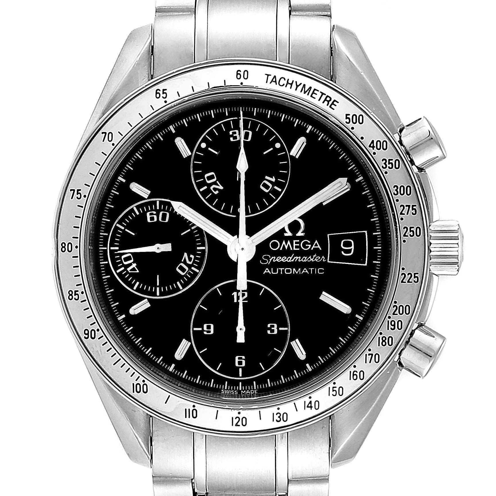 The image shows a front view of the Omega Speedmaster 3513.50.00 Men
s Stainless Steel Black Dial 3513.50.00 Men
s Stainless Steel Black Dial watch, highlighting its tachymetre bezel, subdials, and steel bracelet.