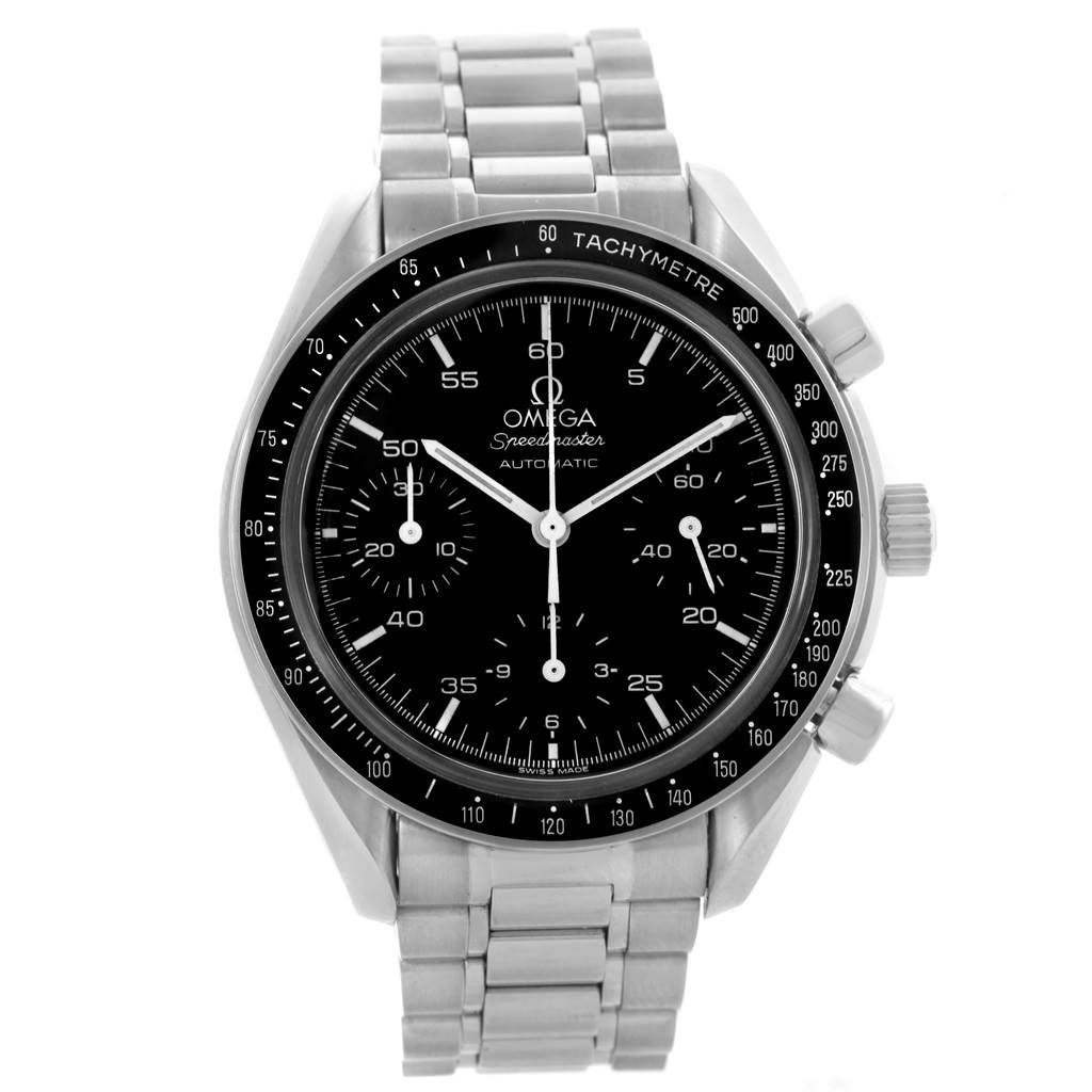 The image shows a front view of an Omega Speedmaster 3510.50.00 Men
s Stainless Steel Black Dial 3510.50.00 Men
s Stainless Steel Black Dial watch with a metal bracelet and chronograph features.