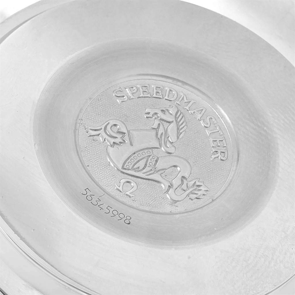 This image shows the case back of an Omega Speedmaster 3510.50.00 Men
s Stainless Steel Black Dial 3510.50.00 Men
s Stainless Steel Black Dial watch, featuring a hallmark engraving and the model
s serial number.