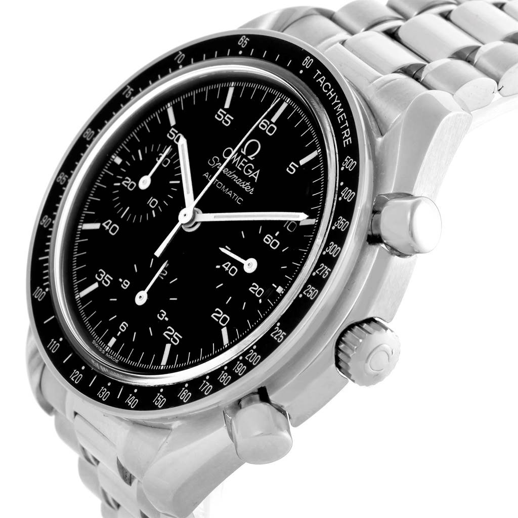 The Omega Speedmaster 3510.50.00 Men
s Stainless Steel Black Dial 3510.50.00 Men
s Stainless Steel Black Dial watch is shown at an angled view, highlighting its face, bezel, crown, pushers, and metal bracelet.