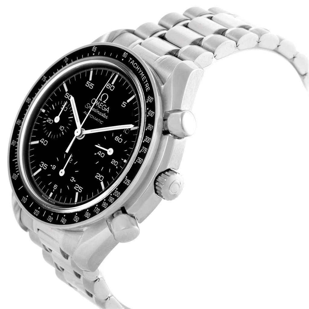 This image shows an angled view of the Omega Speedmaster 3510.50.00 Men
s Stainless Steel Black Dial 3510.50.00 Men
s Stainless Steel Black Dial watch, highlighting its face, bezel, crown, pushers, and metal bracelet.
