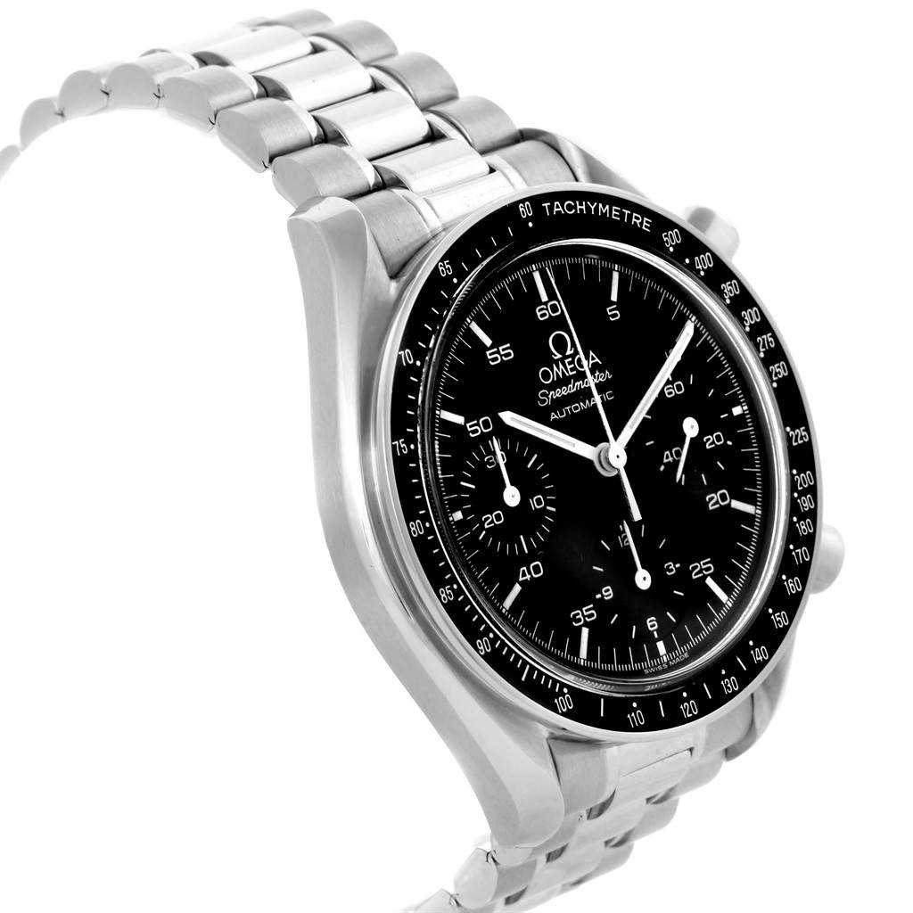 The image shows an Omega Speedmaster 3510.50.00 Men
s Stainless Steel Black Dial 3510.50.00 Men
s Stainless Steel Black Dial watch from an angled perspective, highlighting its face, tachymeter bezel, and metal bracelet.