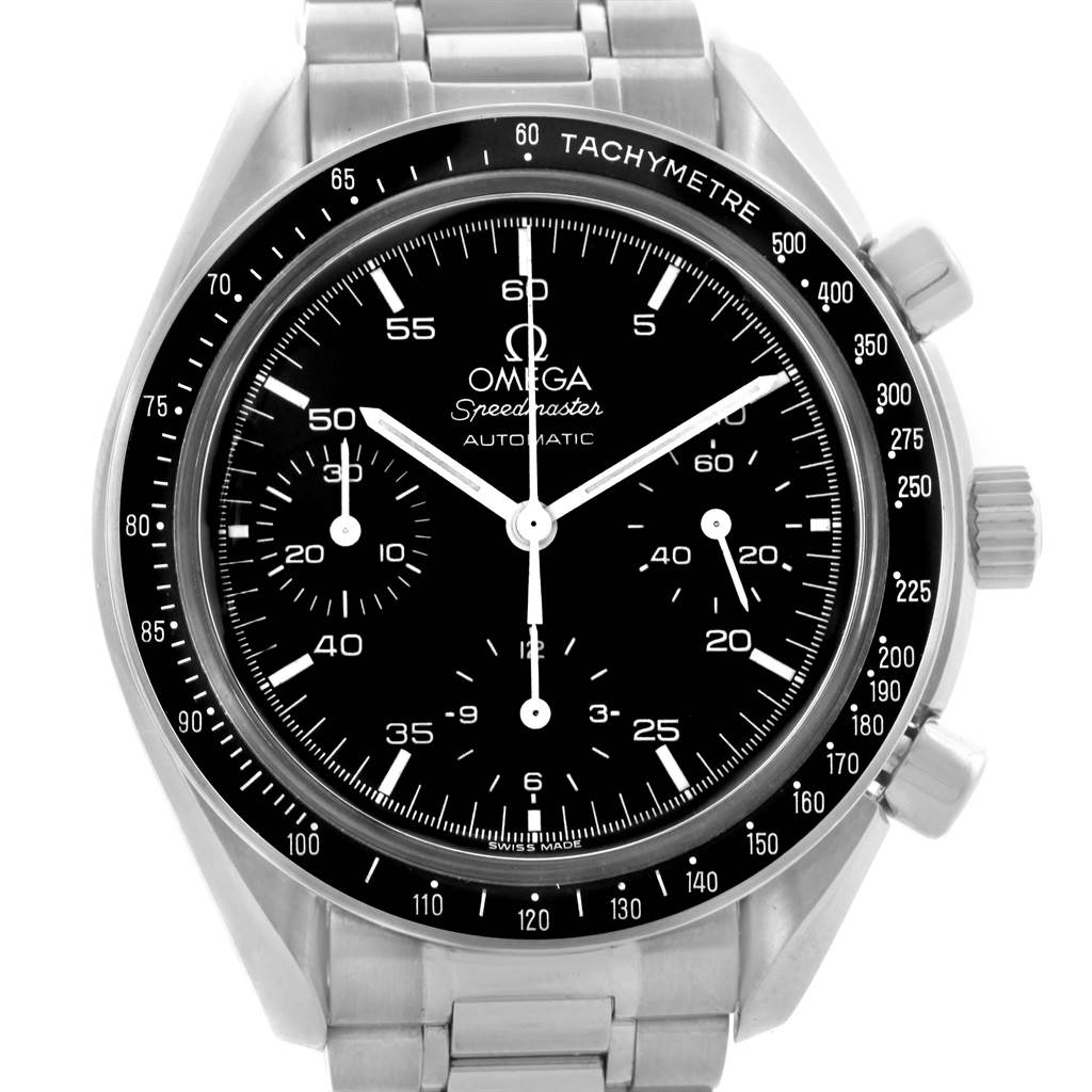 The image shows a front view of an Omega Speedmaster 3510.50.00 Men
s Stainless Steel Black Dial 3510.50.00 Men
s Stainless Steel Black Dial watch, highlighting its dial, tachymeter, and metal bracelet.