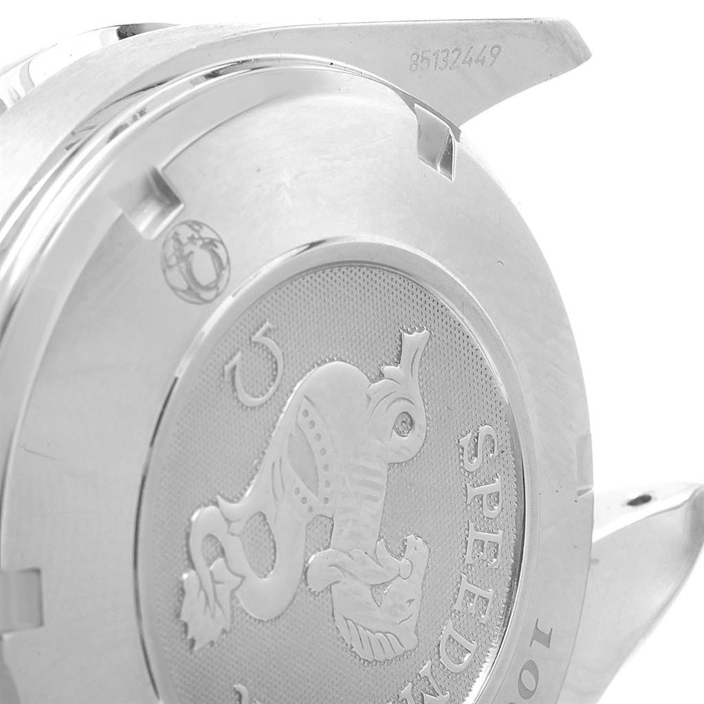 The image shows the back case of an Omega Speedmaster 323.30.40.40.04.001 Men
s Stainless Steel White Dial 323.30.40.40.04.001 Men
s Stainless Steel White Dial watch at an angle, highlighting the caseback engraving.