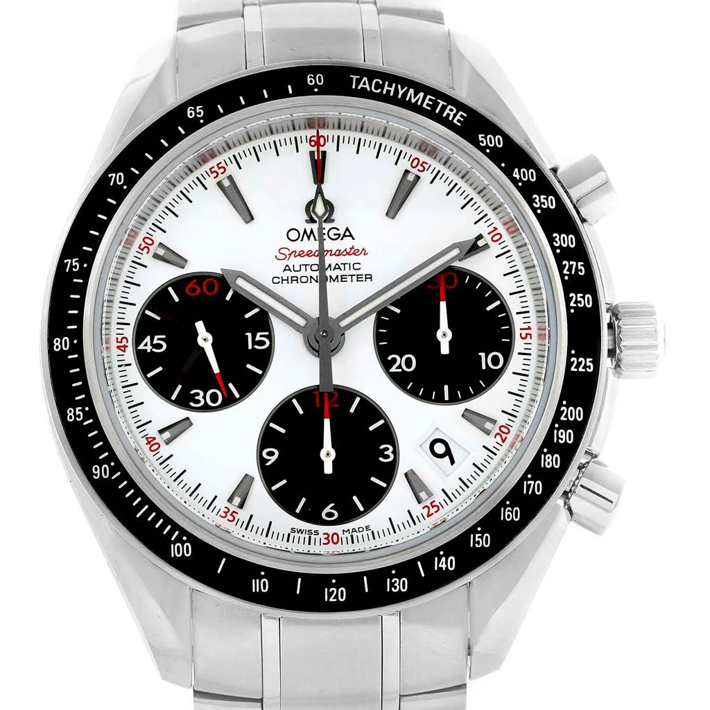 This image shows a frontal view of the Omega Speedmaster 323.30.40.40.04.001 Men
s Stainless Steel White Dial 323.30.40.40.04.001 Men
s Stainless Steel White Dial, highlighting the face, subdials, bezel, and stainless steel bracelet.