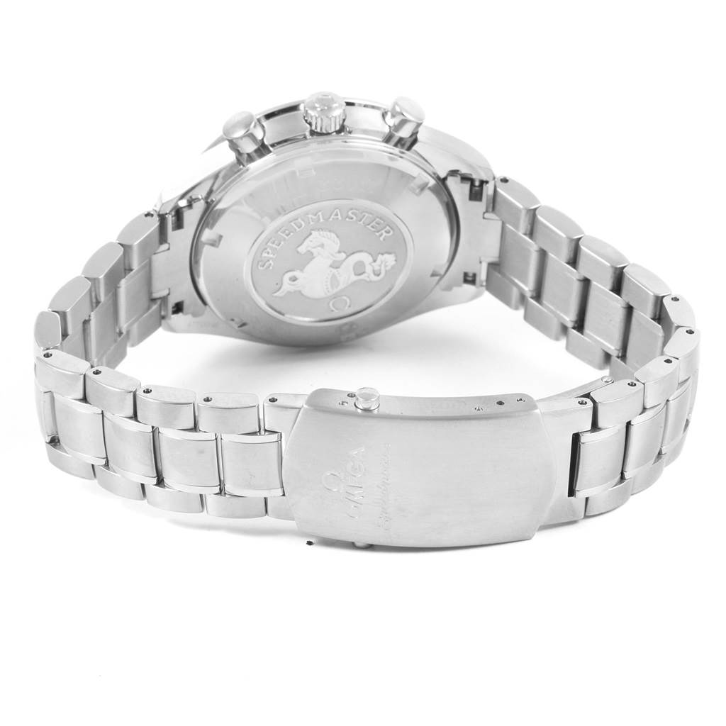 The image shows the case back and stainless steel bracelet of the Omega Speedmaster 323.30.40.40.04.001 Men
s Stainless Steel White Dial 323.30.40.40.04.001 Men
s Stainless Steel White Dial watch, viewed from the rear.
