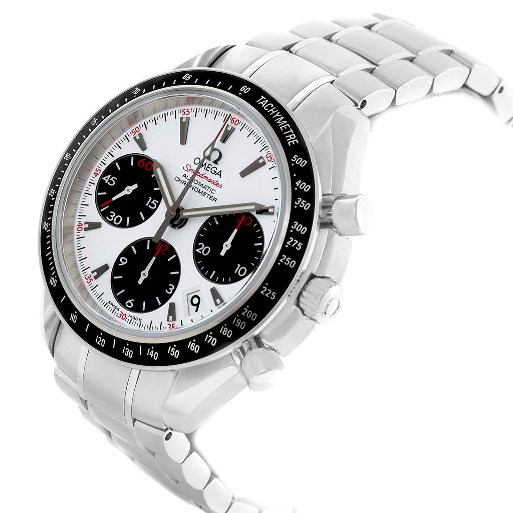 The image shows a side and frontal view of the Omega Speedmaster 323.30.40.40.04.001 Men
s Stainless Steel White Dial 323.30.40.40.04.001 Men
s Stainless Steel White Dial watch, highlighting the face, bezel, and bracelet.