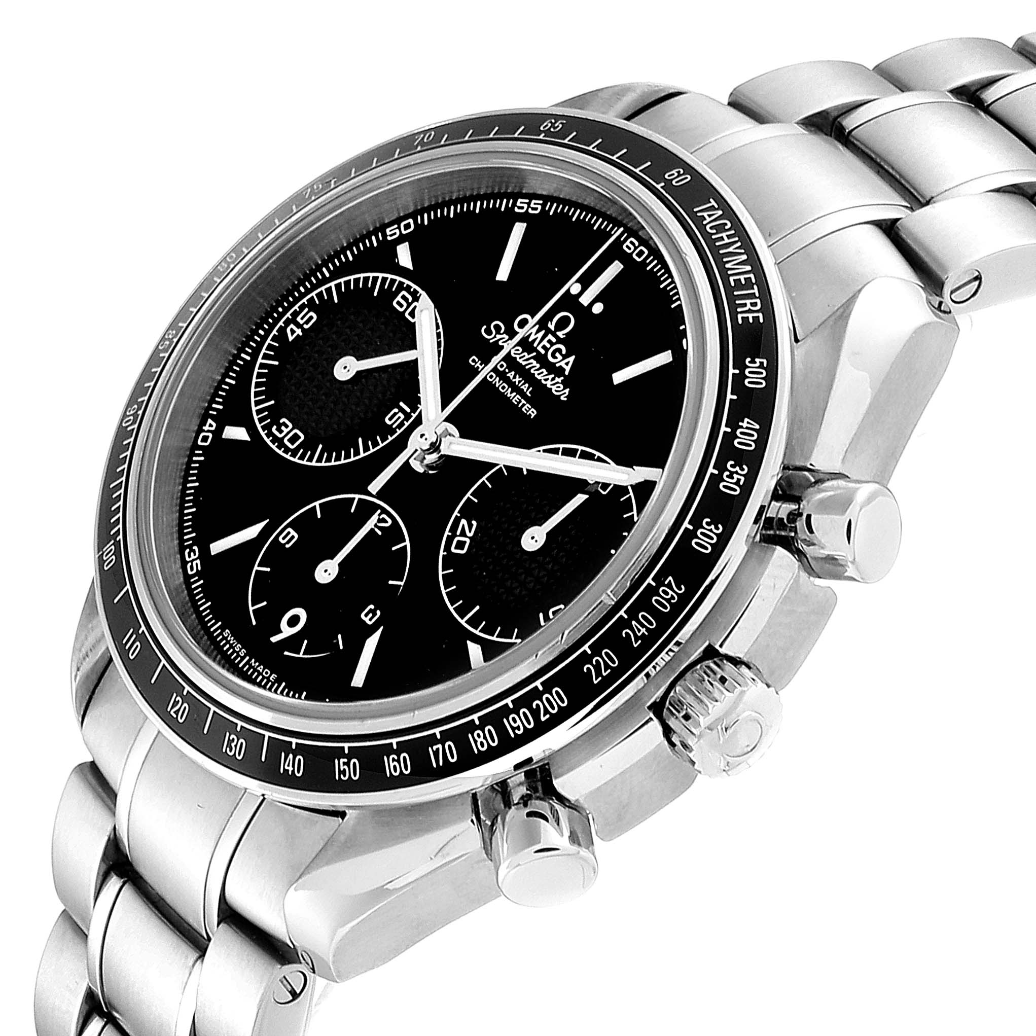 The image shows a close-up angle of the Omega Speedmaster 326.30.40.50.01.001 Men
s Stainless Steel Black Dial 326.30.40.50.01.001 Men
s Stainless Steel Black Dial, displaying its face, tachymeter bezel, crown, pushers, and stainless steel bracelet.
