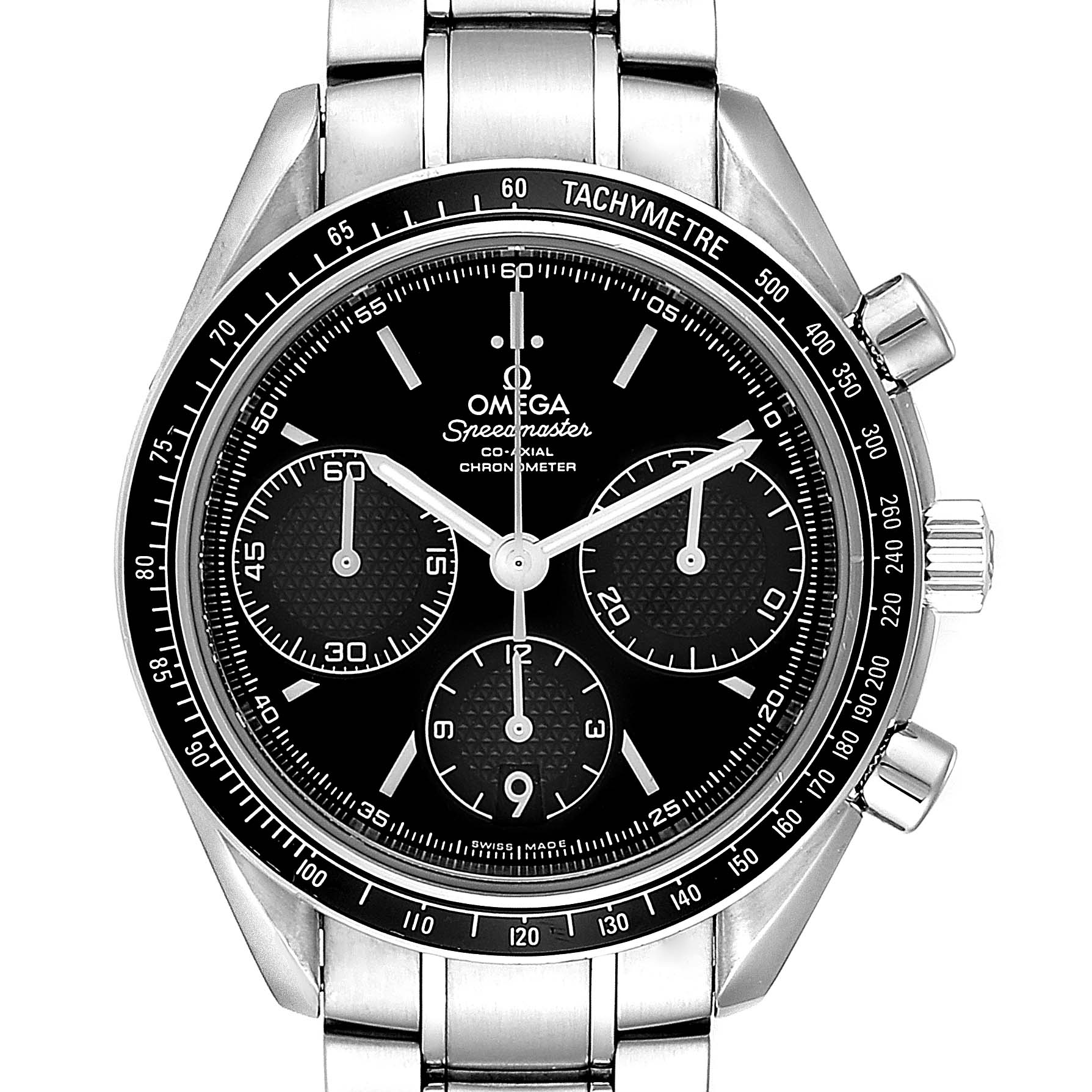 The Omega Speedmaster 326.30.40.50.01.001 Men
s Stainless Steel Black Dial 326.30.40.50.01.001 Men
s Stainless Steel Black Dial watch is shown from the front, displaying its black dial, chronograph subdials, and tachymeter bezel.