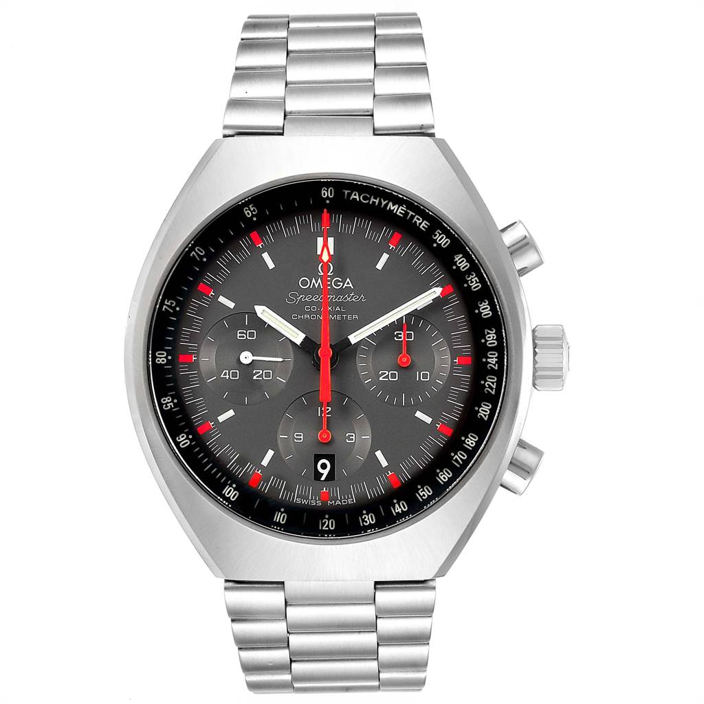 The image shows a front view of an Omega Speedmaster 327.10.43.50.06.001 Men
s Stainless Steel Grey Dial 327.10.43.50.06.001 Men
s Stainless Steel Grey Dial watch, highlighting the dial, chronographs, and metallic bracelet.