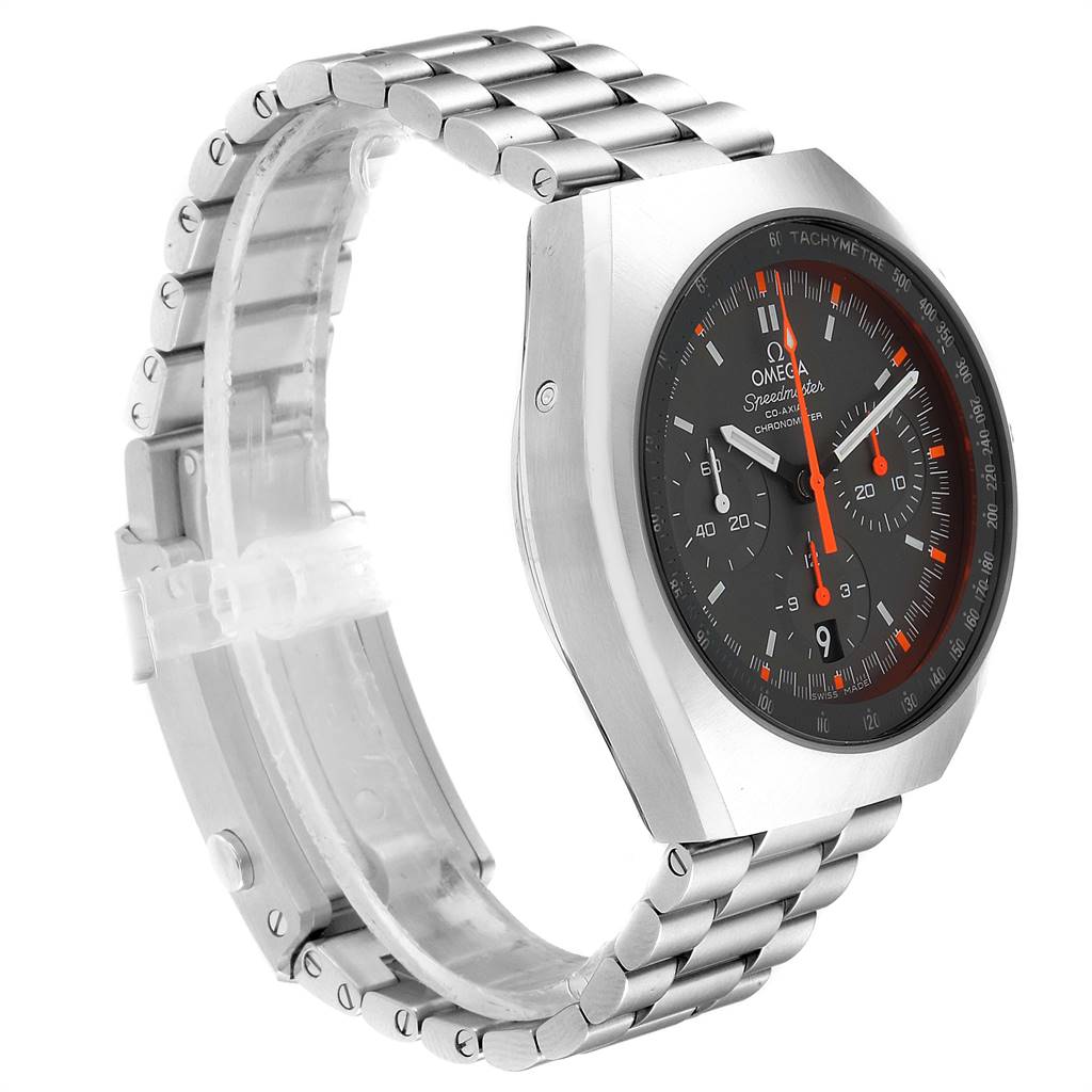 The Omega Speedmaster 327.10.43.50.06.001 Men
s Stainless Steel Grey Dial 327.10.43.50.06.001 Men
s Stainless Steel Grey Dial watch is shown at a side-angle, highlighting the bracelet, case, and dial.