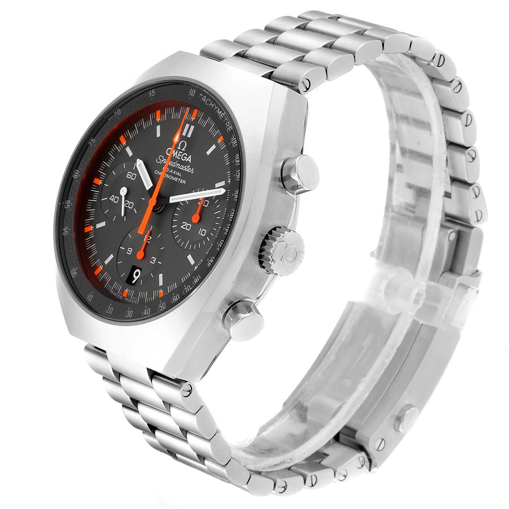 The image shows a side-angle view of the Omega Speedmaster 327.10.43.50.06.001 Men
s Stainless Steel Grey Dial 327.10.43.50.06.001 Men
s Stainless Steel Grey Dial watch, highlighting the dial, crown, pushers, and metal bracelet.