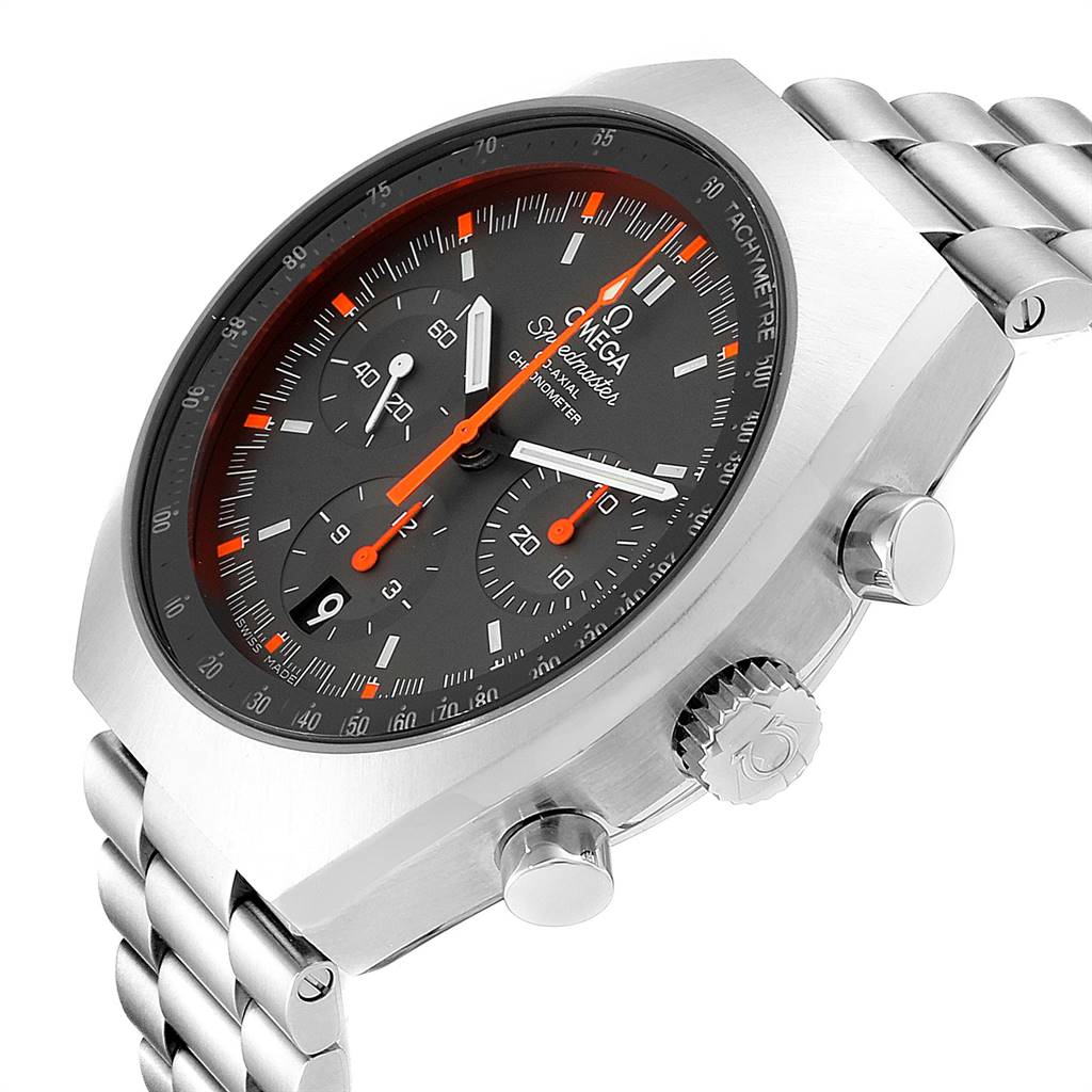 The Omega Speedmaster 327.10.43.50.06.001 Men
s Stainless Steel Grey Dial 327.10.43.50.06.001 Men
s Stainless Steel Grey Dial watch is shown at an angled side view, displaying the face, tachymeter bezel, crown, pushers, and part of the metal bracelet.