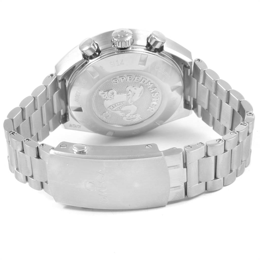 The image shows the back case, crown, pushers, and bracelet of the Omega Speedmaster 327.10.43.50.06.001 Men
s Stainless Steel Grey Dial 327.10.43.50.06.001 Men
s Stainless Steel Grey Dial watch from a rear angle.