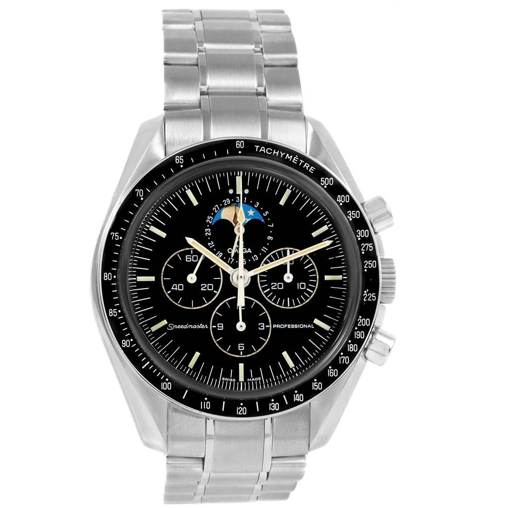 The image shows a front view of an Omega Speedmaster 3576.50.00 Men
s Stainless Steel Black Dial 3576.50.00 Men
s Stainless Steel Black Dial watch, detailing the dial, bezel, and stainless steel bracelet.