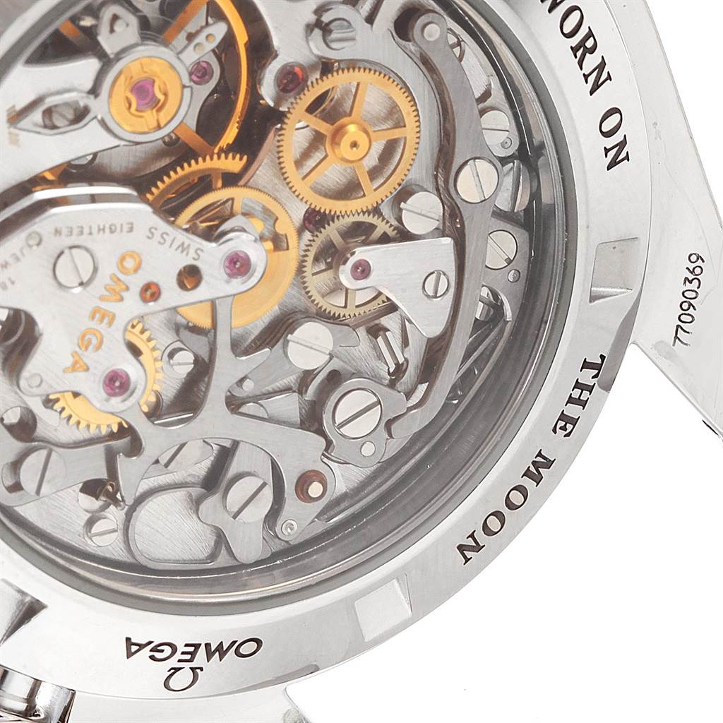 This image shows the back view of the Omega Speedmaster 3576.50.00 Men
s Stainless Steel Black Dial 3576.50.00 Men
s Stainless Steel Black Dial watch, highlighting its intricate internal mechanisms.