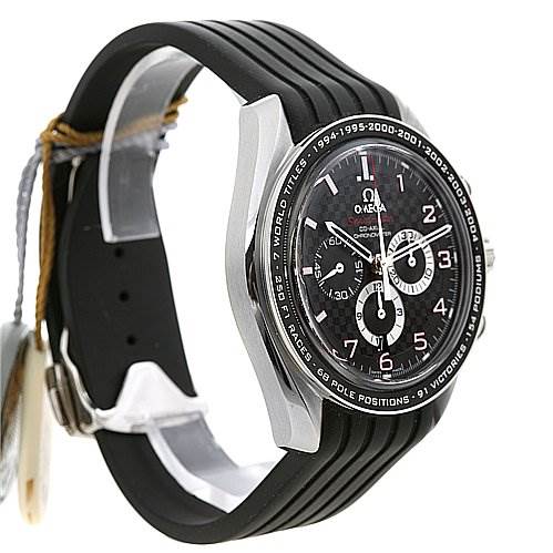 This image shows a side angle of an Omega Speedmaster 321.32.44.50.01.001 Men
s Stainless Steel Black Dial 321.32.44.50.01.001 Men
s Stainless Steel Black Dial watch, highlighting its bezel, dial, and black rubber strap.