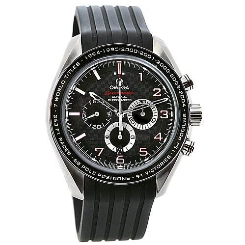 The image shows a front view of an Omega Speedmaster 321.32.44.50.01.001 Men
s Stainless Steel Black Dial 321.32.44.50.01.001 Men
s Stainless Steel Black Dial watch with a black strap and chronograph sub-dials.