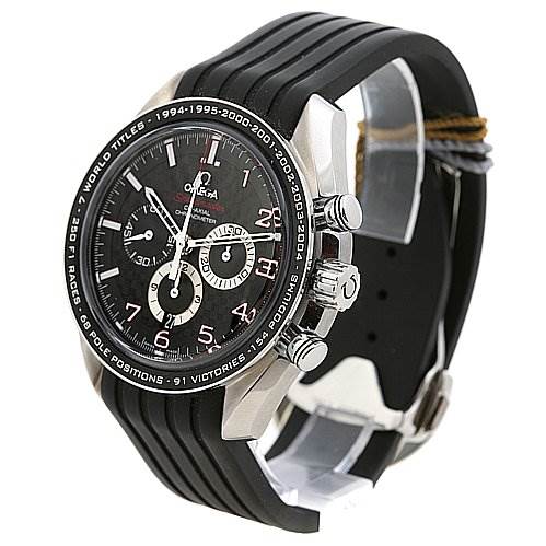 The Omega Speedmaster 321.32.44.50.01.001 Men
s Stainless Steel Black Dial 321.32.44.50.01.001 Men
s Stainless Steel Black Dial watch is shown at an angled side view, displaying the face, pushers, and black rubber strap.