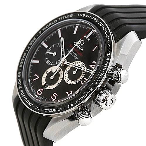 The image shows an Omega Speedmaster 321.32.44.50.01.001 Men
s Stainless Steel Black Dial 321.32.44.50.01.001 Men
s Stainless Steel Black Dial watch at a three-quarter angle, highlighting the dial, chronograph, case, and crown.