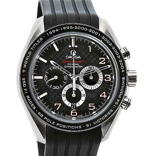 The image shows the front face and strap of the Omega Speedmaster 321.32.44.50.01.001 Men
s Stainless Steel Black Dial 321.32.44.50.01.001 Men
s Stainless Steel Black Dial watch, highlighting the dial, subdials, and chronometer features.