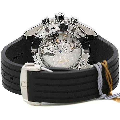 The image shows the back view of an Omega Speedmaster 321.32.44.50.01.001 Men
s Stainless Steel Black Dial 321.32.44.50.01.001 Men
s Stainless Steel Black Dial, highlighting the transparent case back and part of the black strap.