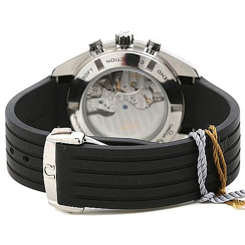 The image shows the rear view of an Omega Speedmaster 321.32.44.50.01.001 Men
s Stainless Steel Black Dial 321.32.44.50.01.001 Men
s Stainless Steel Black Dial watch, highlighting its black rubber strap and transparent case back.