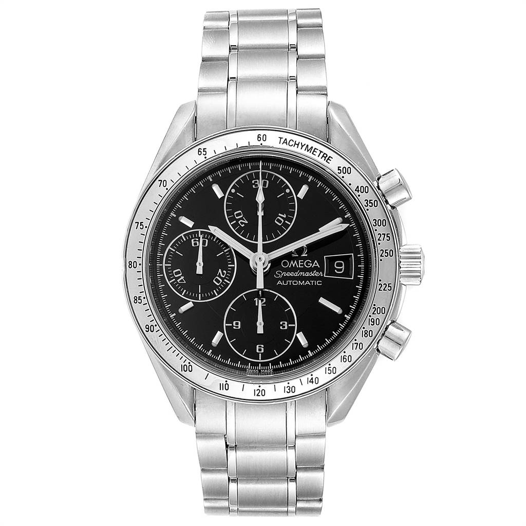 The image shows a front view of the Omega Speedmaster 3513.50.00 Men's Stainless Steel Black Dial 3513.50.00 Men's Stainless Steel Black Dial watch displaying its face, bezel, crown, and stainless steel bracelet.