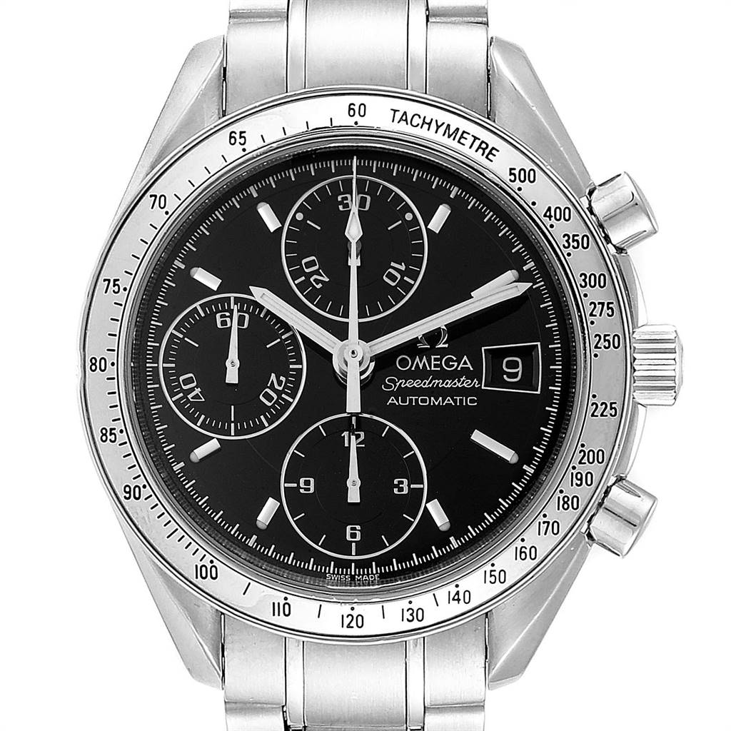 The image shows a front-facing Omega Speedmaster 3513.50.00 Men's Stainless Steel Black Dial 3513.50.00 Men's Stainless Steel Black Dial watch, highlighting its dial, sub-dials, tachymeter bezel, and stainless steel bracelet.