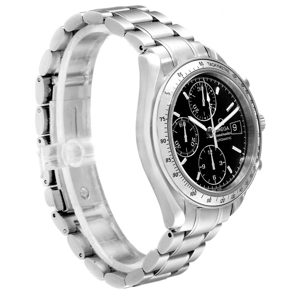 The Omega Speedmaster 3513.50.00 Men's Stainless Steel Black Dial 3513.50.00 Men's Stainless Steel Black Dial watch is shown from an angled side view, highlighting its stainless steel band and chronograph dial.
