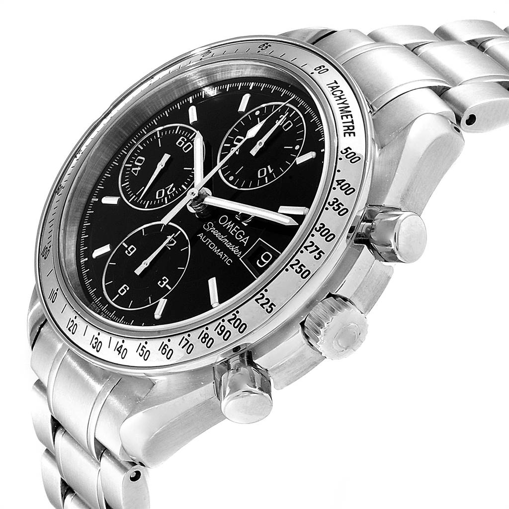 The image shows an angled side view of an Omega Speedmaster 3513.50.00 Men's Stainless Steel Black Dial 3513.50.00 Men's Stainless Steel Black Dial watch, focusing on the dial, bezel, and crown.