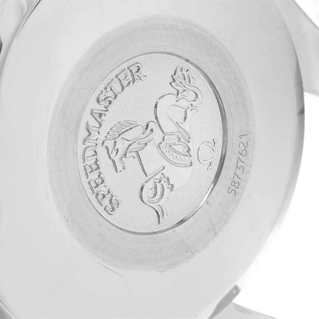 This image shows the engraved case back of the Omega Speedmaster 3513.50.00 Men's Stainless Steel Black Dial 3513.50.00 Men's Stainless Steel Black Dial watch.