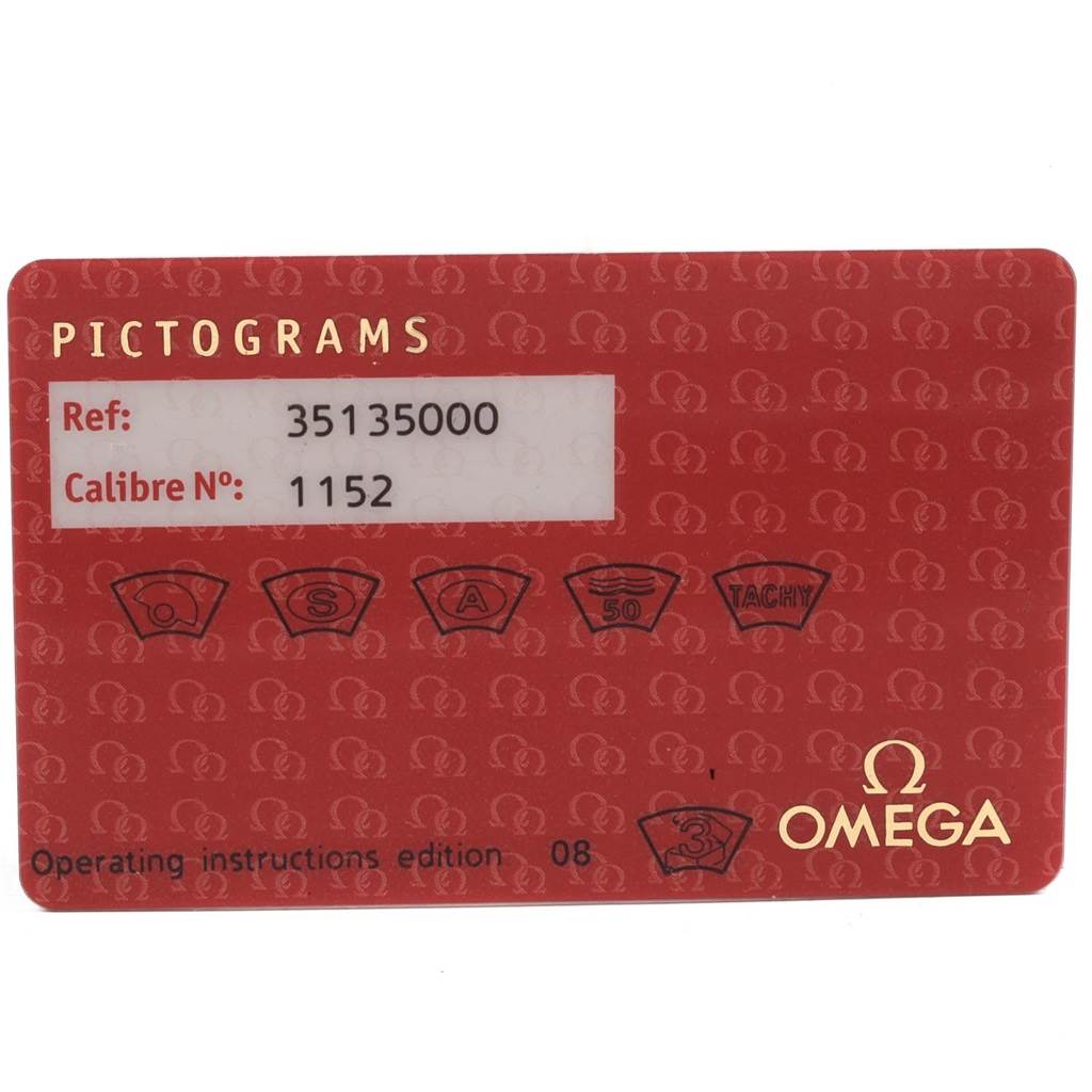 This image shows the pictograms card for the Omega Speedmaster 3513.50.00 Men
s Stainless Steel Black Dial 3513.50.00 Men
s Stainless Steel Black Dial with reference number 35135000 and calibre number 1152.