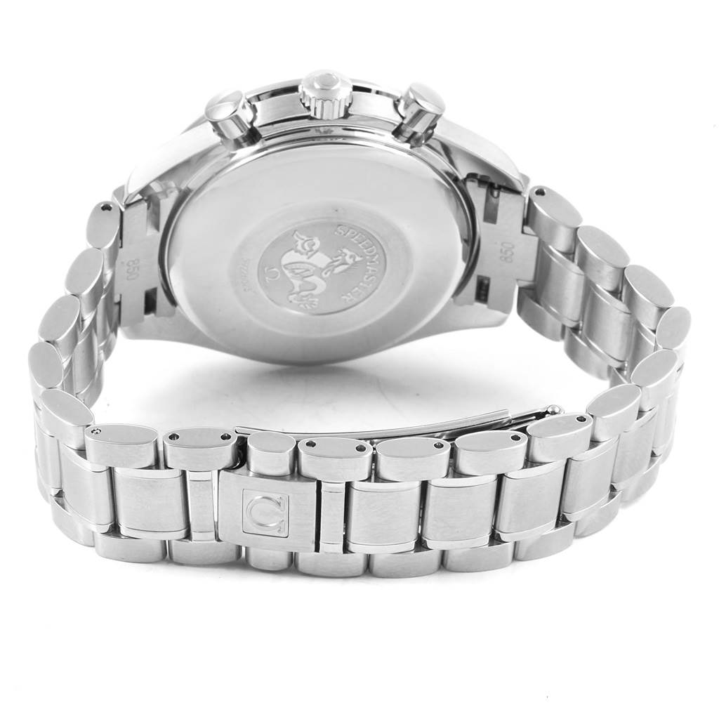 The Omega Speedmaster 3513.50.00 Men
s Stainless Steel Black Dial 3513.50.00 Men
s Stainless Steel Black Dial watch is shown from the back, highlighting the case back, bracelet, and clasp.