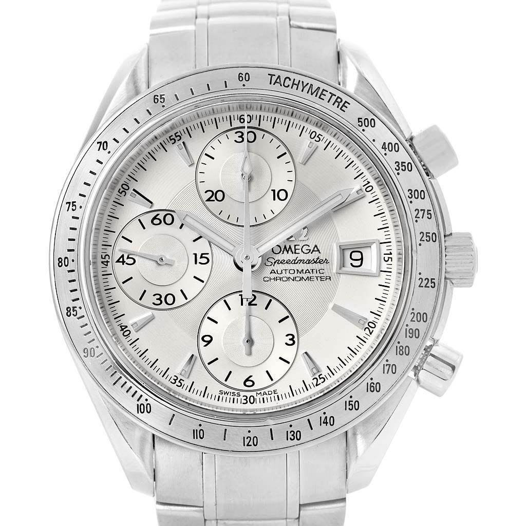 The Omega Speedmaster 3211.30.00 Men's Stainless Steel Silver Dial 3211.30.00 Men's Stainless Steel Silver Dial watch is shown from the front, displaying its face, dial, and bezel.