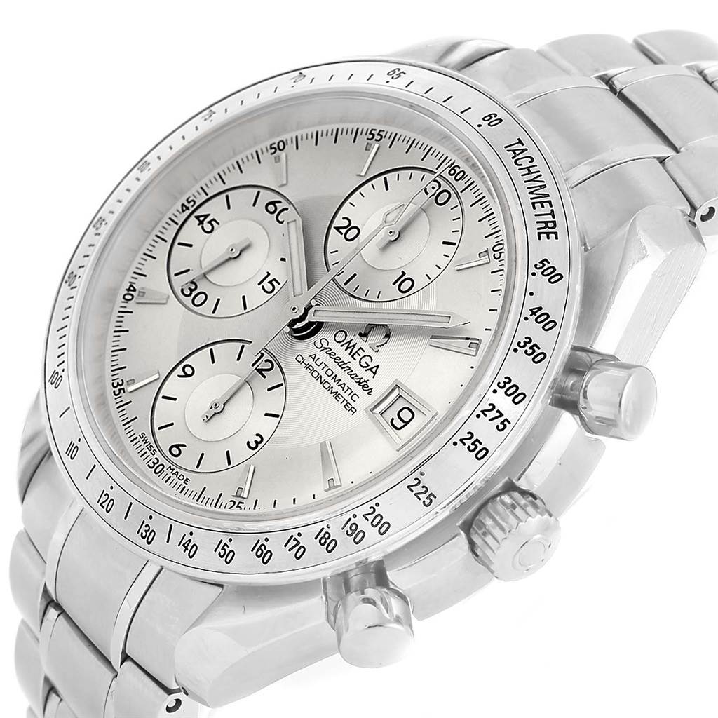 The image shows a close-up of the dial, chronograph sub-dials, tachymeter bezel, and bracelet of an Omega Speedmaster 3211.30.00 Men's Stainless Steel Silver Dial 3211.30.00 Men's Stainless Steel Silver Dial watch.