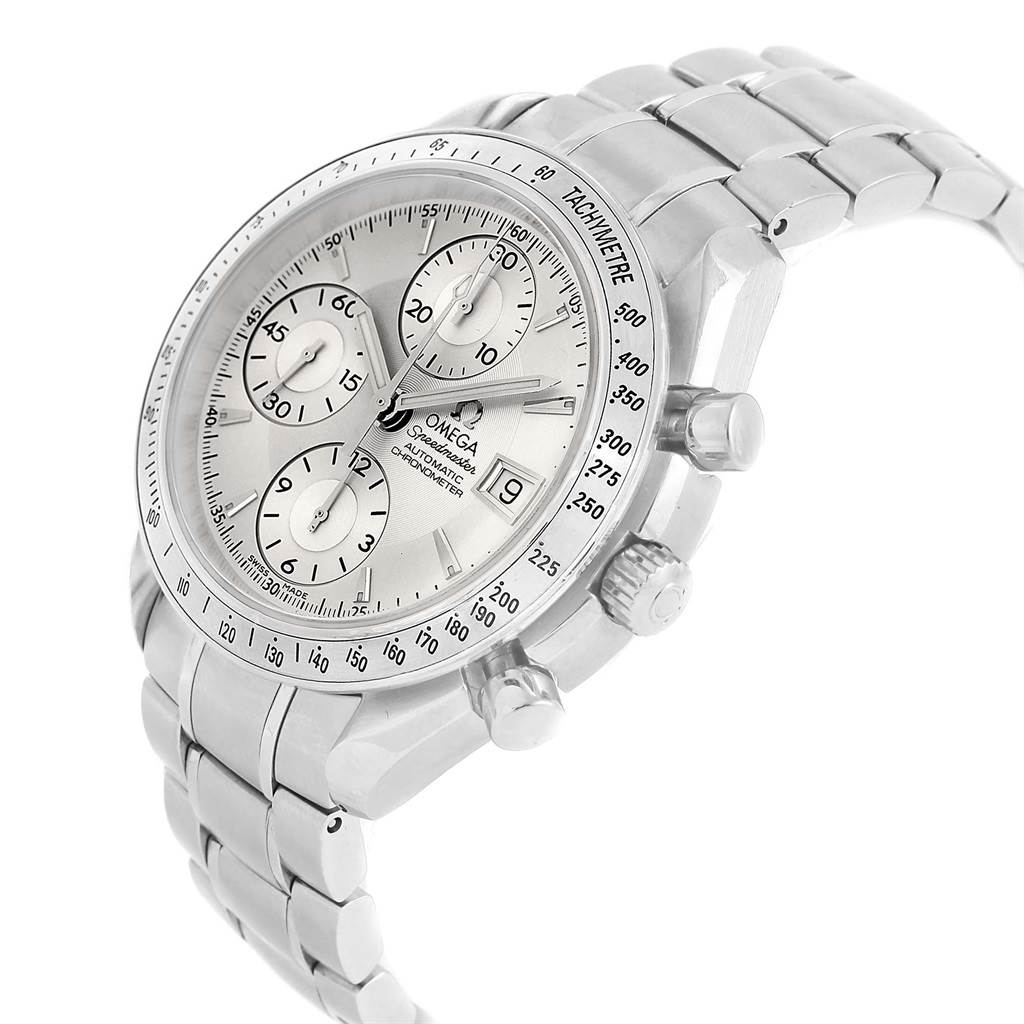 The image shows a side angle view of an Omega Speedmaster 3211.30.00 Men's Stainless Steel Silver Dial 3211.30.00 Men's Stainless Steel Silver Dial watch, displaying the face, tachymeter bezel, and metal bracelet.