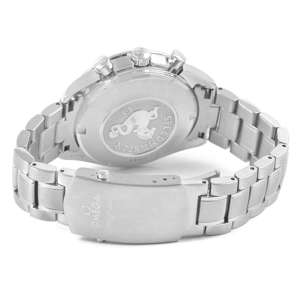 The image shows the back case, bracelet, and clasp of an Omega Speedmaster 3211.30.00 Men's Stainless Steel Silver Dial 3211.30.00 Men's Stainless Steel Silver Dial watch, taken from a rear angle.