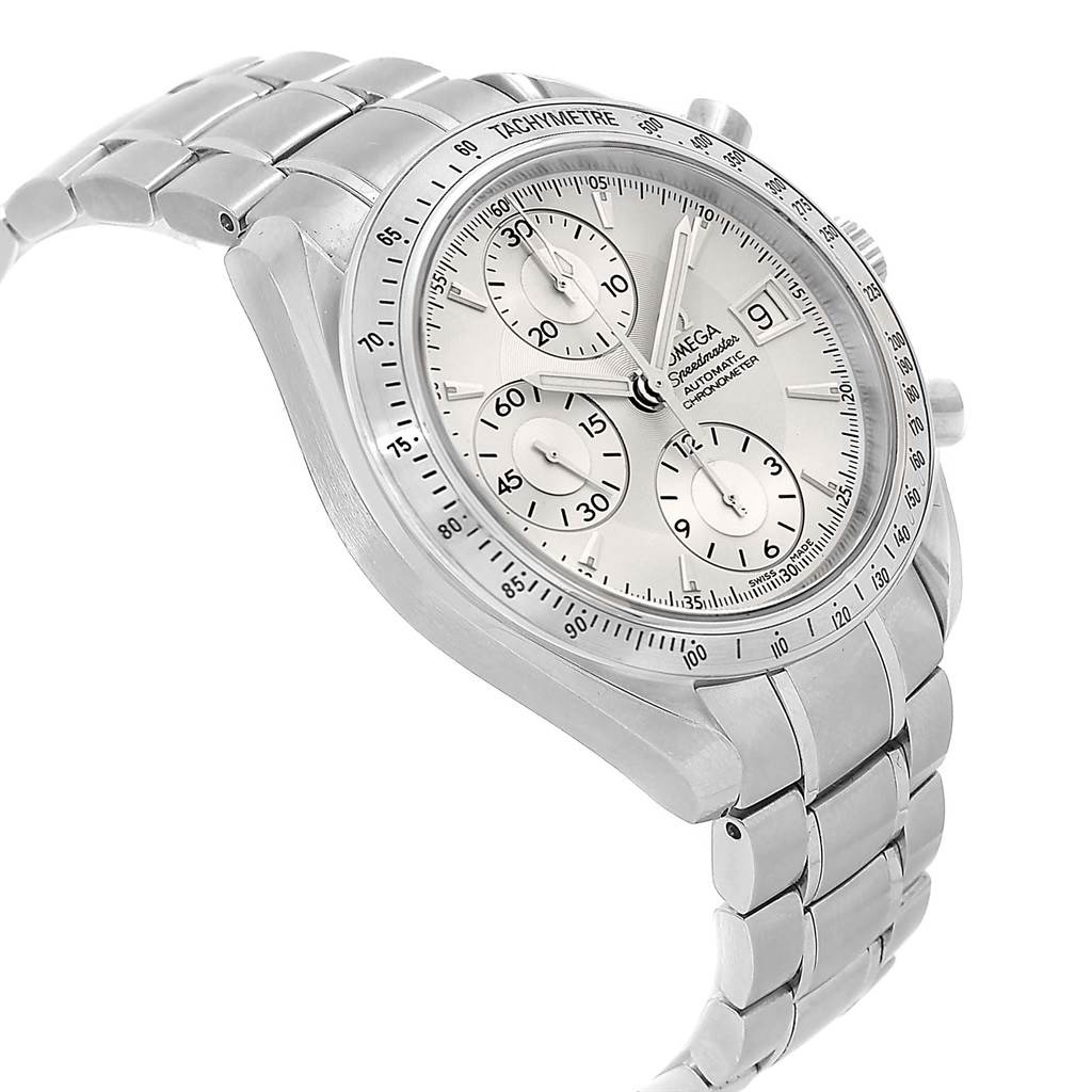 The Omega Speedmaster 3211.30.00 Men's Stainless Steel Silver Dial 3211.30.00 Men's Stainless Steel Silver Dial watch is shown at a three-quarter angle, highlighting the metal bracelet, tachymeter bezel, and chronograph face.