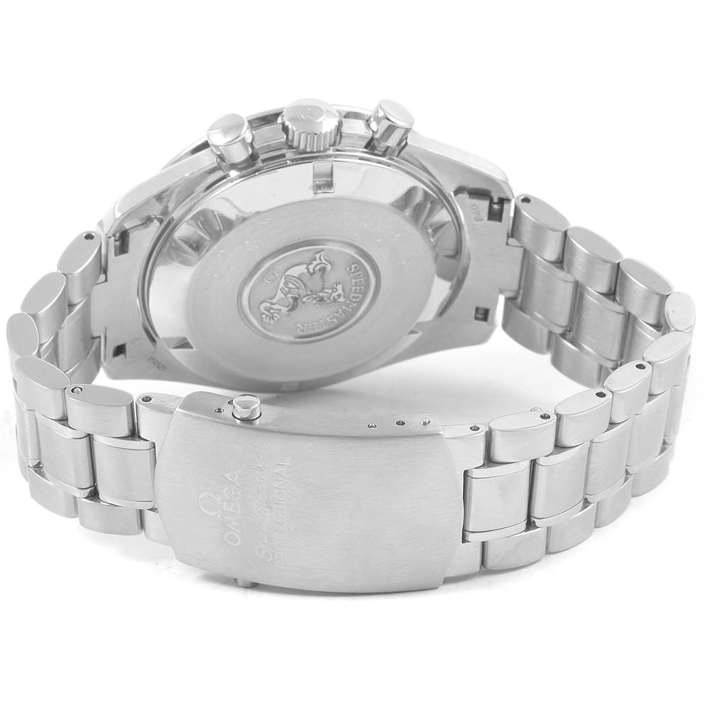 The image shows the back case, bracelet, and clasp of an Omega Speedmaster 3594.50.00 Men
s Stainless Steel Black Dial 3594.50.00 Men
s Stainless Steel Black Dial watch from a rear angle.