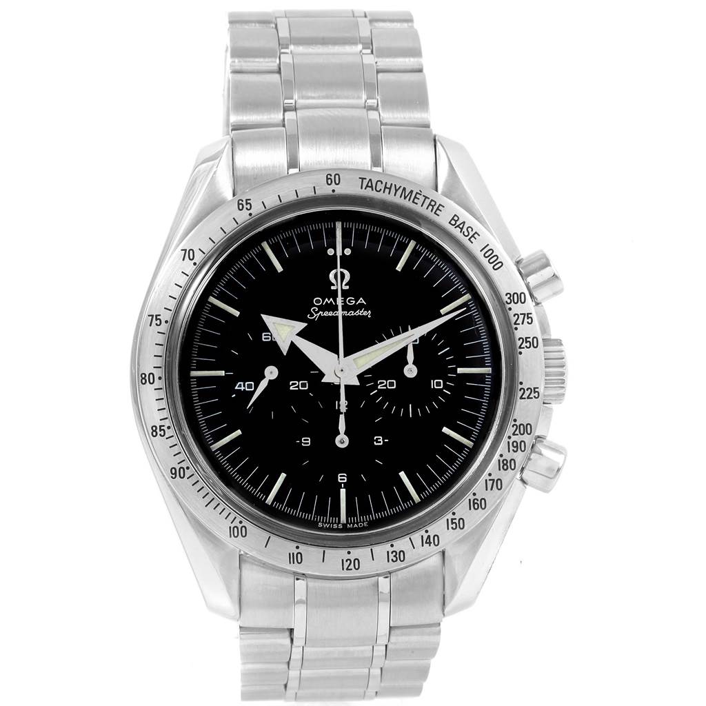 The image shows a front view of the Omega Speedmaster 3594.50.00 Men
s Stainless Steel Black Dial 3594.50.00 Men
s Stainless Steel Black Dial watch, displaying its dial, bezel, and stainless steel bracelet.